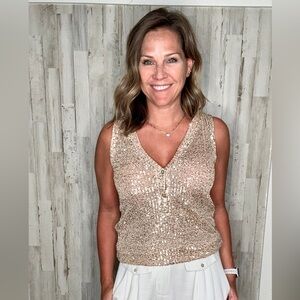 POL Sequin V-Neck Tank in Champagne Gold